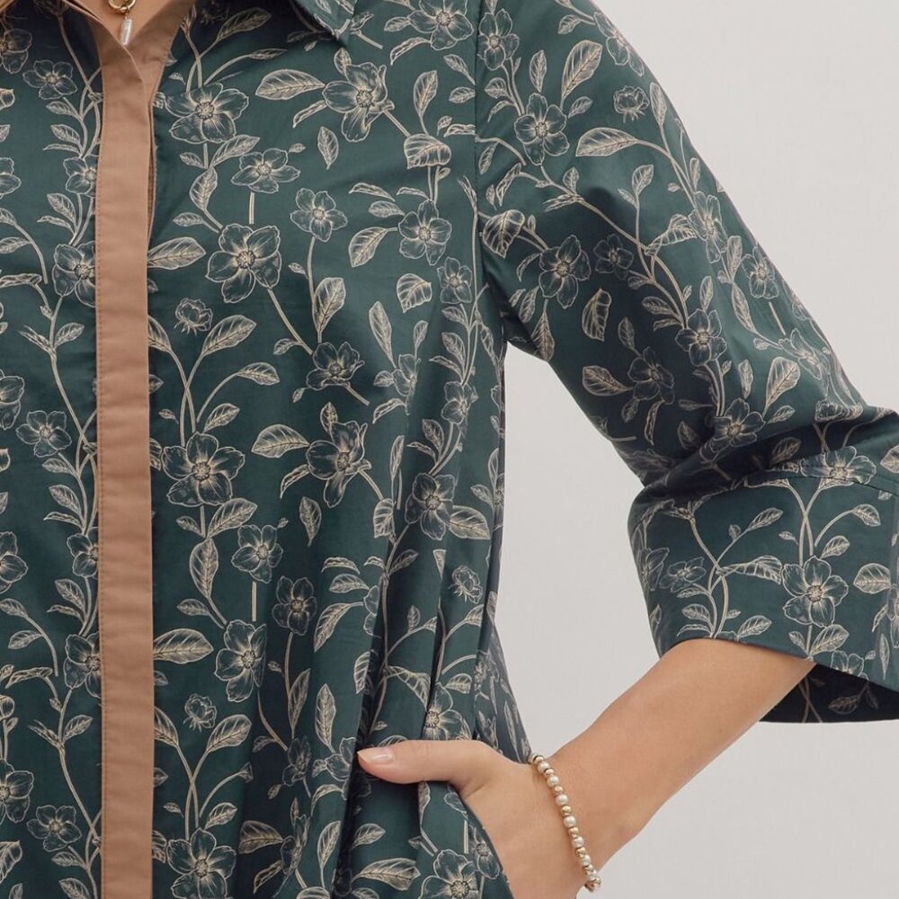 Entro NWT Navy Botanical Midi Shirt Dress Cottagecore L - Picture 2 of 9